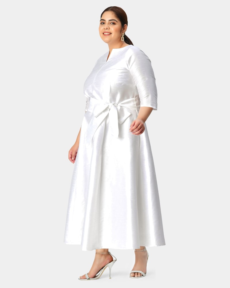 Front of a model wearing a size 1X-18W Sash tie dupioni boatneck midi dress in White by eShakti. | dia_product_style_image_id:290370